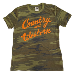 The iconic "Country & Western" design by Vinyl Ranch printed in orange on a premium camo tee.  Check out the full Country & Western Collection