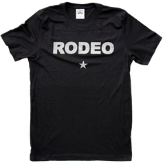 "Rodeo Zero" by Vinyl Ranch features a metallic silver graphic printed on a classic black tee.